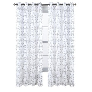RT Designers Collection Crown Grommet Metallic Sheer Printed Doily Curtain Panel Pair 36" x 84" Silver - 1 of 4