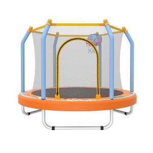 KWPZQEB 55" W Trampoline for Kids, Outdoor Kids Trampoline with Enclosure Net & Basketball Hoop, Small Toddler Trampoline for Girls & Boys, 110 lbs - 1 of 4