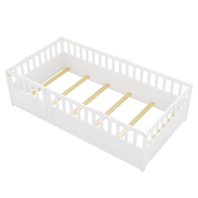 AZL1 Life Concept Beds Twin Floor Bed with Secure Fencing and Door, Versatile, Easy to Assemble for Kids Sleep and Play, White, 78.19"*41.77"*21.46"