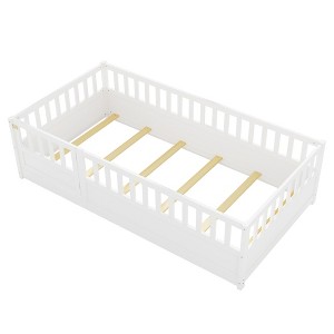 AZL1 Life Concept Beds Twin Floor Bed with Secure Fencing and Door, Versatile, Easy to Assemble for Kids Sleep and Play, White, 78.19"*41.77"*21.46" - 1 of 4