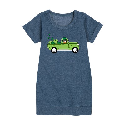 - Instant Message - St. Patrick's Day Leprechaun Truck Delivering Luck Graphic Short Sleeve Fleece Dress