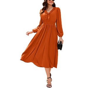 Womens Pleated Party Dress Long Sleeve V Neck Ruffle Elastic Empire Waist Wedding Guest Cocktail Dress - 1 of 4