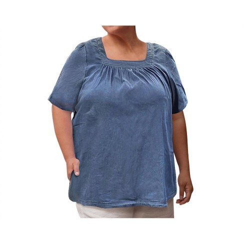 Women's Chambray Short Sleeve Pop Over Top - Plus - On The Plus Side - image 1 of 4