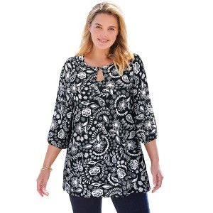 Woman Within Women's Plus Size Keyhole Three-Quarter Sleeve Blouse - 1 of 2