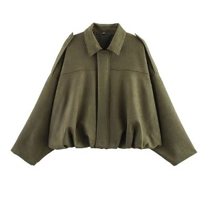 Coolmee Women's Faux Suede Bomber Jacket Lapel Coat Casual Oversized Long Sleeves Trendy Streetwear Outerwear - 1 of 4