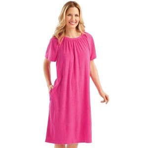 Collections Etc Solid Color Comfort Fit Short-Sleeve Terry Cotton Summer Dress with Side Pockets and Elastic Scooped Neckline - 1 of 4