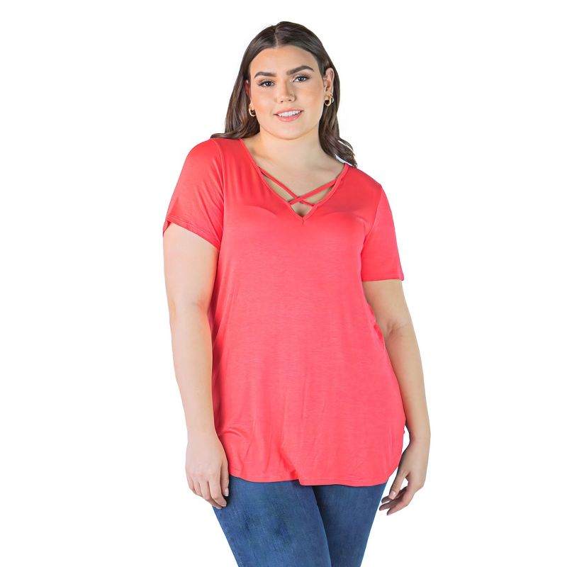 24seven Comfort Apparel Womens Plus Size V Neck Criss Cross Neckline T Shirt Tunic Top, 1 of 7