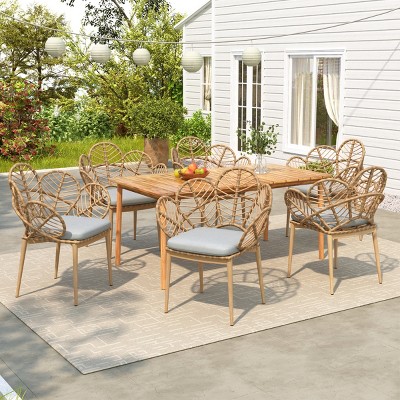 7Pcs Outdoor Patio Dining Set, Dining Set with 6 Boho Style Chairs and Acacia Dining Table, Faux Wicker Chairs with Foam Cushions-Coolbibila