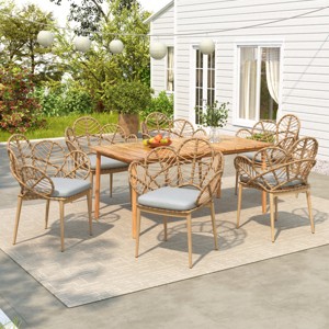 7Pcs Outdoor Patio Dining Set, Dining Set with 6 Boho Style Chairs and Acacia Dining Table, Faux Wicker Chairs with Foam Cushions-Coolbibila - 1 of 4