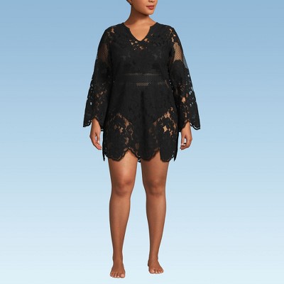 Lands' End Women's Long Sleeve Lace Mini Swim Cover-Up Dress