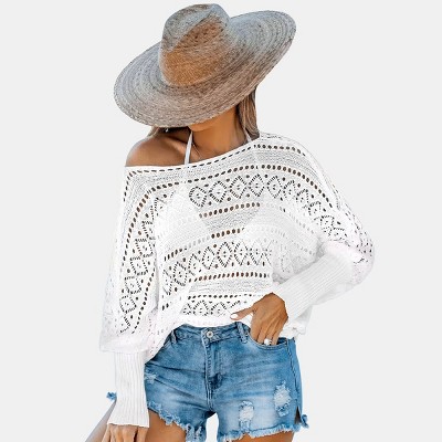 Women's Perforated Knit Boat Neck Gigot Sleeve Cover-Up - Cupshe