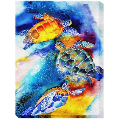 Cottage Garden West of The Wind Turtle Play Blue, Yellow, Green 30 x 40 Inch Waterproof Gallery Wrapped Canvas, Outdoor Garden, Yard, Patio All