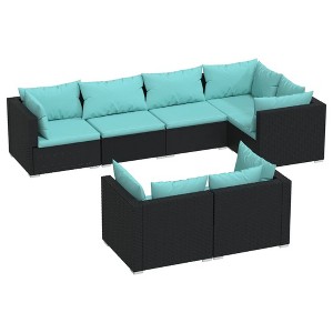 vidaXL 7 Piece Patio Lounge Set - Stylish and Durable Outdoor Furniture with Cushions, Black Poly Rattan Design, Ideal for Garden - 1 of 4
