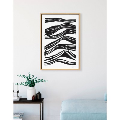 Abstract Waves Black and White Canvas Wall Art with Natural Frame