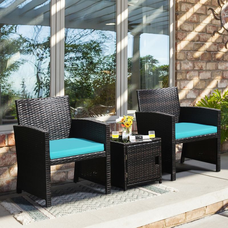 Costway 3PCS Patio Wicker Furniture Set Storage Table W/Protect Cover Cushioned, 3 of 11