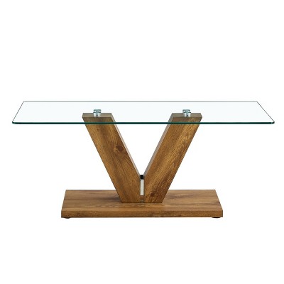 GlasFlength Coffee Tables Minimalist Contemporary Design Glass Top Wood Base Accent For Living Dining Spaces, Clear, 43.3"*23.6"*17.3"