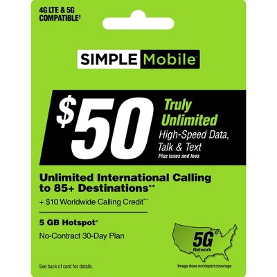 Simple Mobile $50 Unlimited Talk Text Data Prepaid Card (email Delivery ...