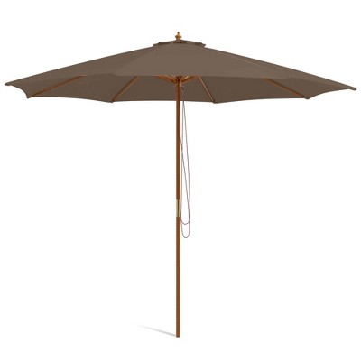 Tangkula 10FT Wooden Market Table Umbrella Pulley Sunshade Canopy w/8 Bamboo Ribs