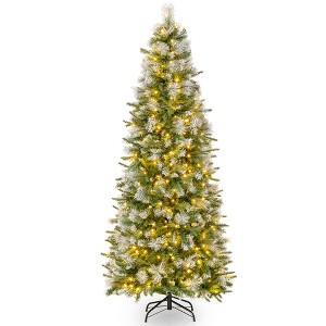 Tangkula 7.5/6 FT Artificial Christmas Tree Pre-Lit Hinged Xmas Tree w/ 820/580 Flocked Frosted Tips - 1 of 4