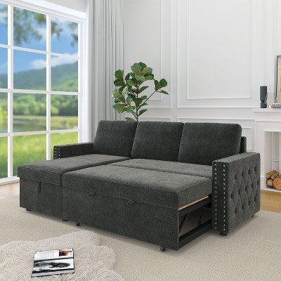 85"W 3 Seater Chenille Upholstered Sleeper Sofa with Storage Chaise, Square Handrail with Pull and Copper Nail, 4Q -ModernLuxe