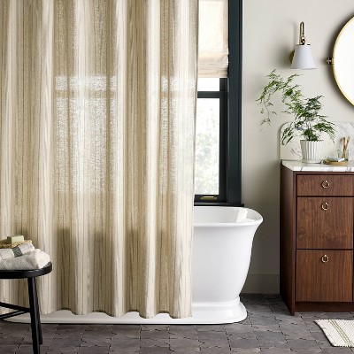 Green and Cream Woven Cotton Linen Shower Curtain