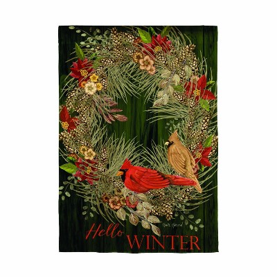 Green Taffeta Winter Garden Flag with Wreath and Cardinals