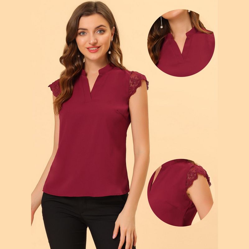 Allegra K Women's Work Office V Neck Stand Collar Lace Cap Sleeve Basic Blouse, 2 of 6