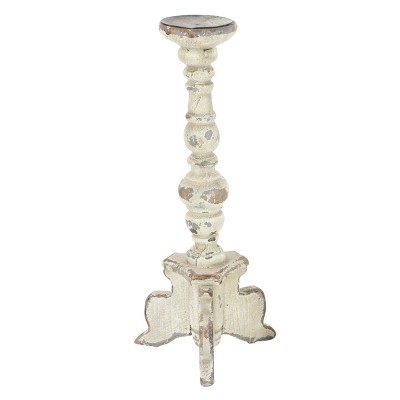 Distressed White and Gray Wooden Pillar Candle Holders Set