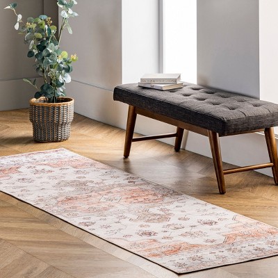 Beige and Coral Flat Woven Synthetic Runner Rug, 2'6"x12'