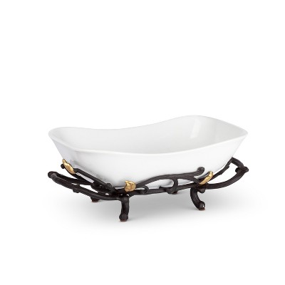 GG Collection White Stoneware Serving Bowl with Metal Gold Leaf Base with Handles.