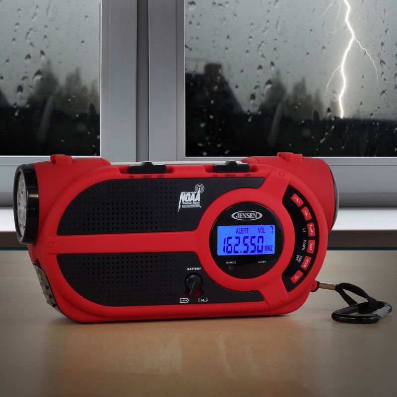 JENSEN AM/FM Weather Band/Weather Alert Radio with 4-way Power Built-in Flashlight and Emergency USB - Red, 6 of 9