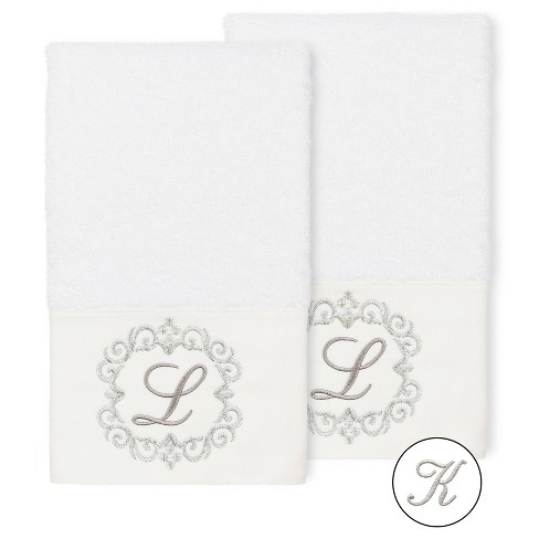 Linum Home Textiles Embroidered Guest Hand Towel, Set of 2,White/Gold