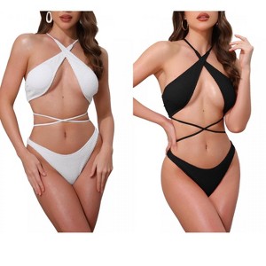 INSPIRE CHIC Women's Criss Cross Backless Ribbed Strappy Top Triangle Bottom Swimwear Bikini Suits 2 Sets - 1 of 4