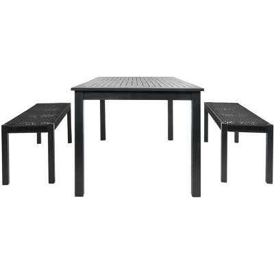 Aquina Black Acacia Wood Dining Set with Woven Rattan Benches