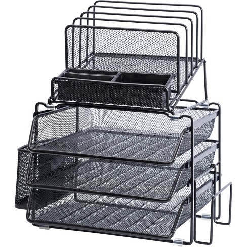 Lorell Divided 4 Tier Desktop Organizer, Black Mesh Desk Organizer