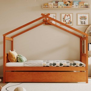 Kumasinova Kids House Bed with Trundle,Twin/Full Size Wooden Bed Frame with Roof,Headboards,Toddler Beds for Kid's Room,Bedroom - 1 of 4