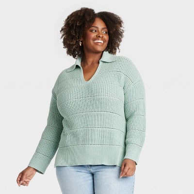 Women's Side Slit Collared Pullover Sweater - Ava & Viv™ Green 1X