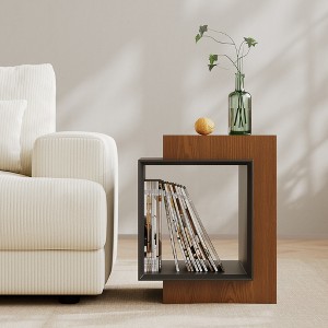POVISON 18" Modern Wood Side Table with Storage, Minimalist End Table for Living Room & Bedroom, Walnut & Black - 1 of 4