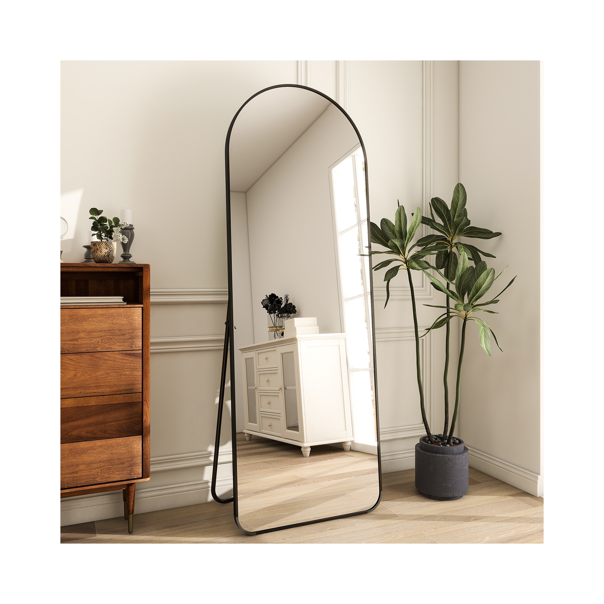 BEAUTYPEAK Metal Rectangle With Rounded Top Full Length Mirrors 64"x21",Black