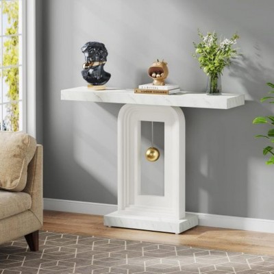Syemin Console Tables Modern Console Table with Geometric Base, Narrow Sofa Entryway Table, Contemporary Wood Accent Table, Gold, 39.37"*11.8"*32.28"