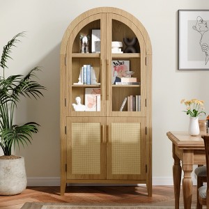 MAYEERTY 63" Tall Arched Storage Cabinets Wood Storage Cabinets with Glass Rattan Door Adjustable Shelf for Living Room Dining Room Natural - 1 of 4