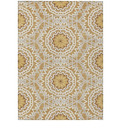 Gold Gray And Ivory Floral Medallion Washable Indoor Outdoor Area Rug