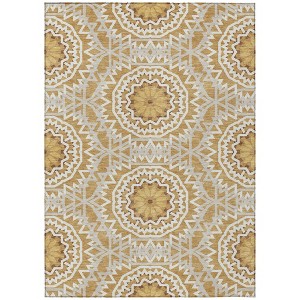 Gold Gray And Ivory Floral Medallion Washable Indoor Outdoor Area Rug - 1 of 4