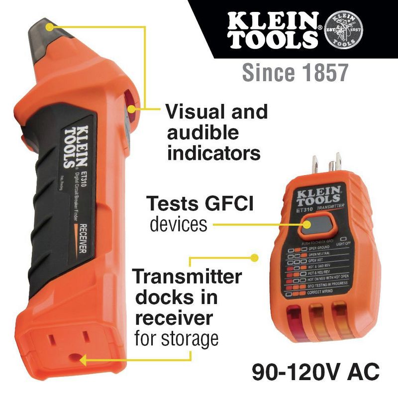 Klein Tools ET310 Digital Circuit Breaker Finder with GFCI Outlet Tester, 4 of 12