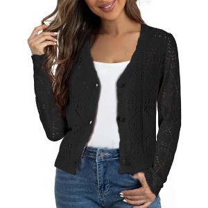 INSPIRE CHIC Women's Long Sleeves Button Down Knit Hollow Out V Neck Cropped Sweater Cardigans Black Small - 1 of 4