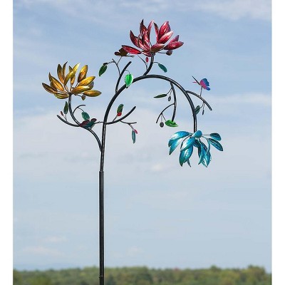 Plow & Hearth - Large Metal Outdoor Wind Spinner Garden Sculpture with 3 Colorful Spinning Flowers & Butterfly Accents