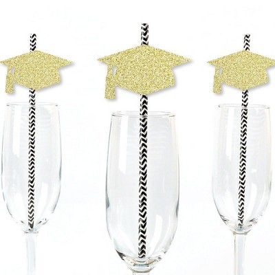 Big Dot of Happiness Gold Glitter Grad Cap Party Straws - No-Mess Real Gold Glitter Cut-Outs & Decorative Graduation Party Paper Straws - Set of 24