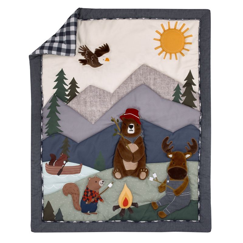 NoJo Into the Wilderness Navy, Green, and Brown, Camping Bear, Moose, Eagle, and Beaver Campfire 4 Piece Nursery Crib Bedding Set, 2 of 10