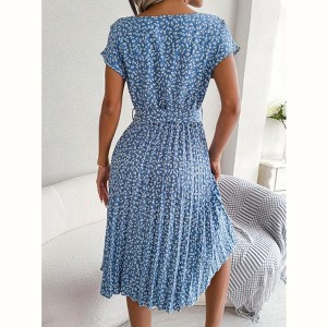Dress for Women Crewneck Short Sleeve A Line Casual Summer Dresses Chiffon Tie Waist Pleated Midi Boho Dress - 1 of 4