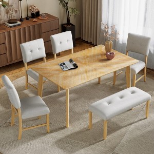 6 Piece Vintage Dining Table Set for 6, Farmhouse Dining Set with 4 Upholstered Dining Chairs & Bench, Natural Wood Wash/Gray - ModernLuxe - 1 of 4